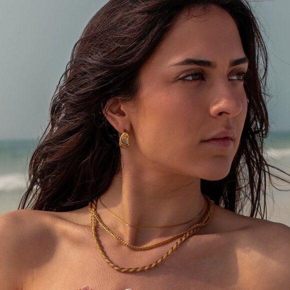 Chunky Gold Stud Earrings 14k Gold Plated Hypoallergenic Trendy Jewelry Gifts - Picture 2 of 6